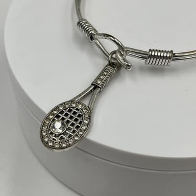 Vintage Silver Tone Sporty Tennis Racket Charm Bangle Bracelet Rhinestone Hook - Thumbnail 3