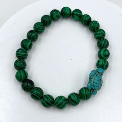 Vintage Green Striped Beads Stretch Bracelet with Turquoise Turtle Charm Classic - Thumbnail 2