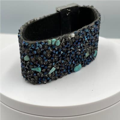 Vintage Wide Cuff Bracelet Iridescent Crystal Studded Gunmetal Turquoise Accent - Thumbnail 2