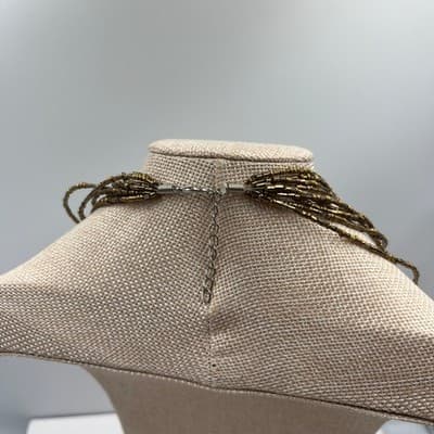 Vintage Gold Tone Multi Strand Seed Beaded Necklace Layered Fringe Statement - Thumbnail 5