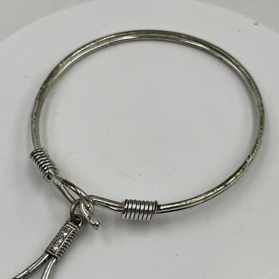 Vintage Silver Tone Sporty Tennis Racket Charm Bangle Bracelet Rhinestone Hook - Thumbnail 2