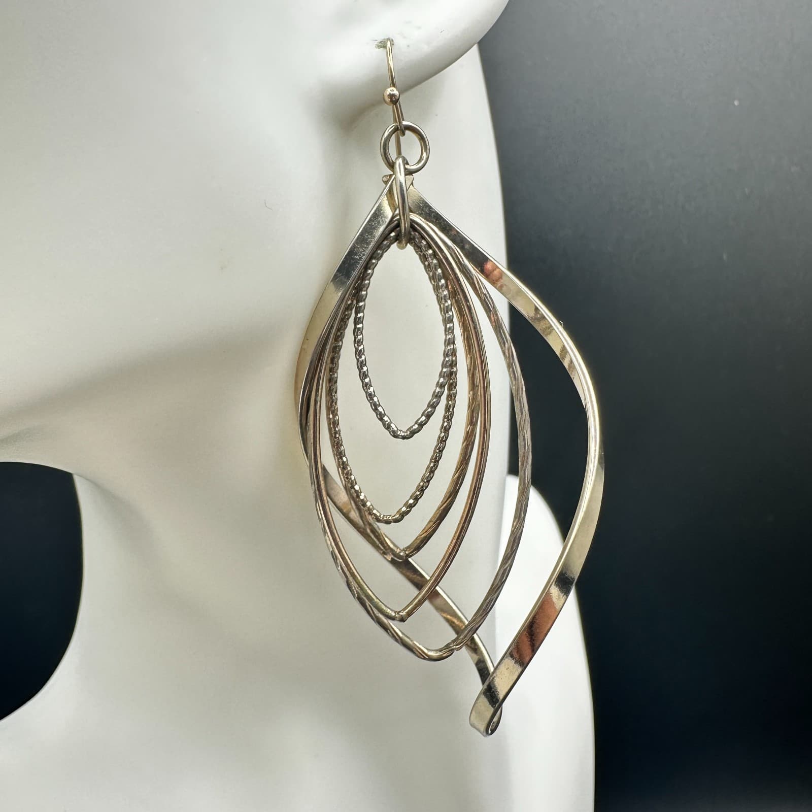 Vintage Silver Tone Dangle Earrings Multi-Loop Leaf Modern Fashion Long Hook - Thumbnail 3