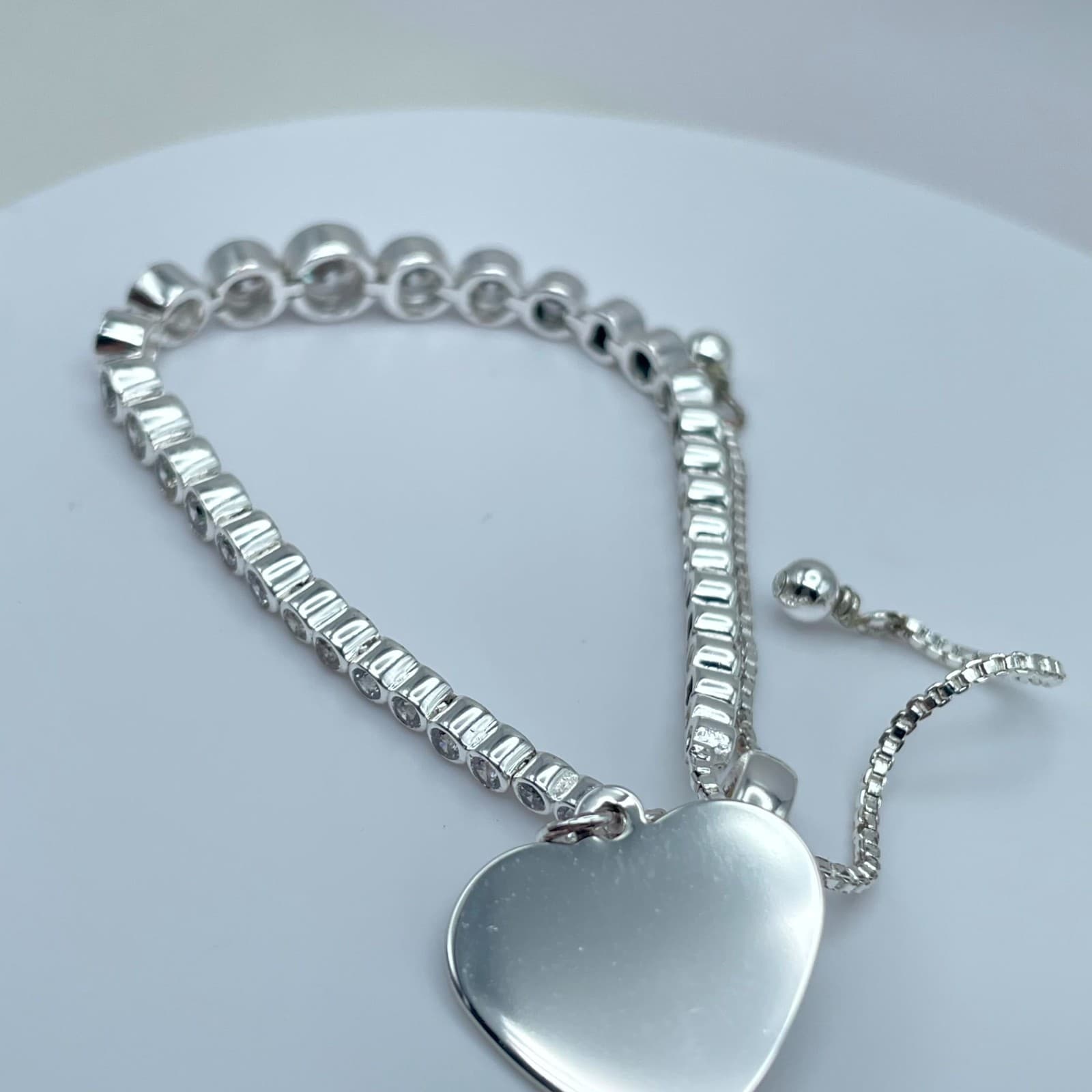 Bolo-Style Silver-Tone Romantic Rhinestone Beaded Heart Motif Slider Bracelet - Thumbnail 4