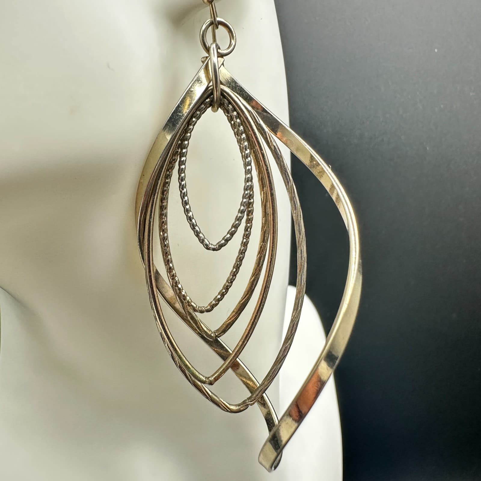 Vintage Silver Tone Dangle Earrings Multi-Loop Leaf Modern Fashion Long Hook - Thumbnail 4