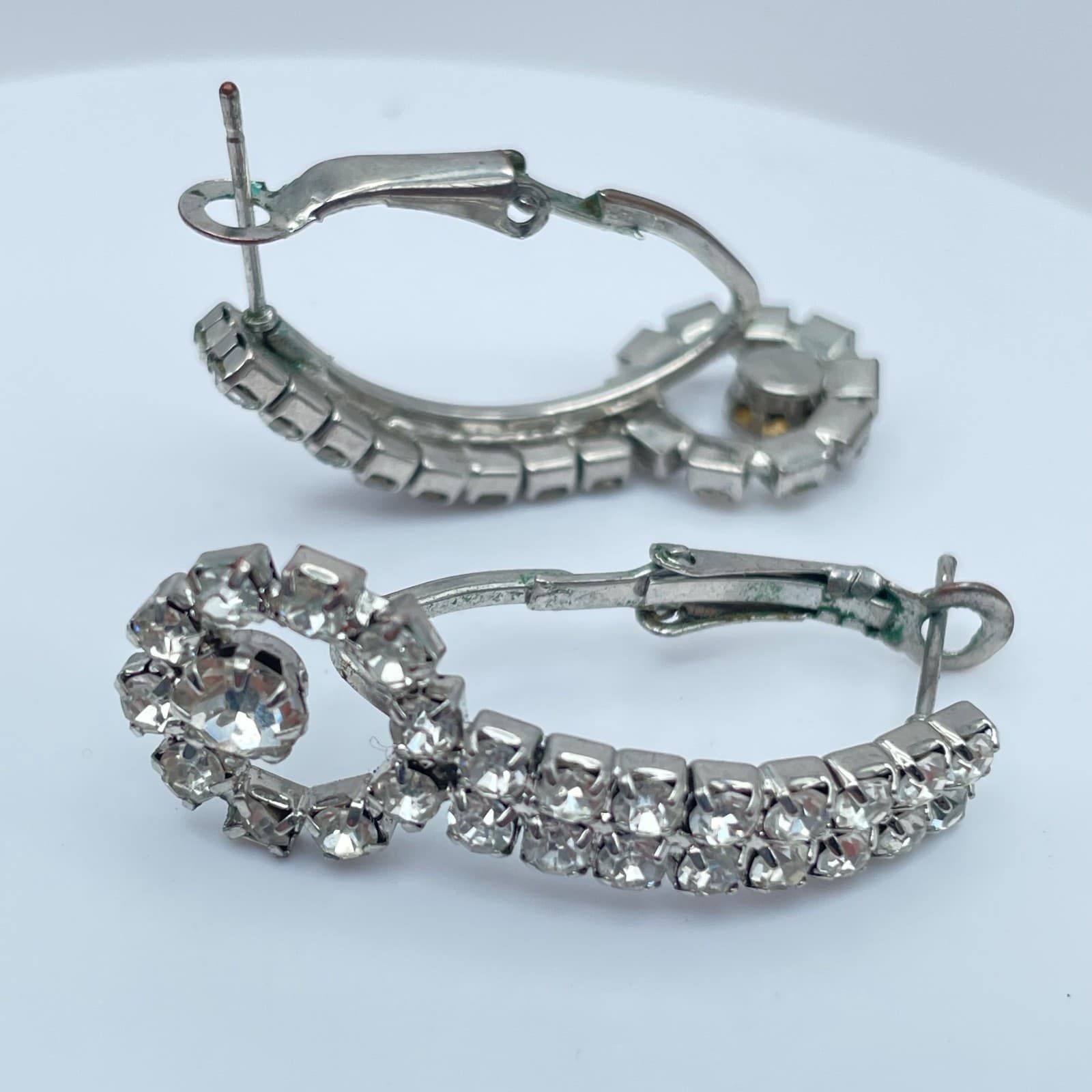 Vintage 90s Clear Crystal Rhinestone Hoop Dangle Earrings Silver Tone Jewelry - Image 1
