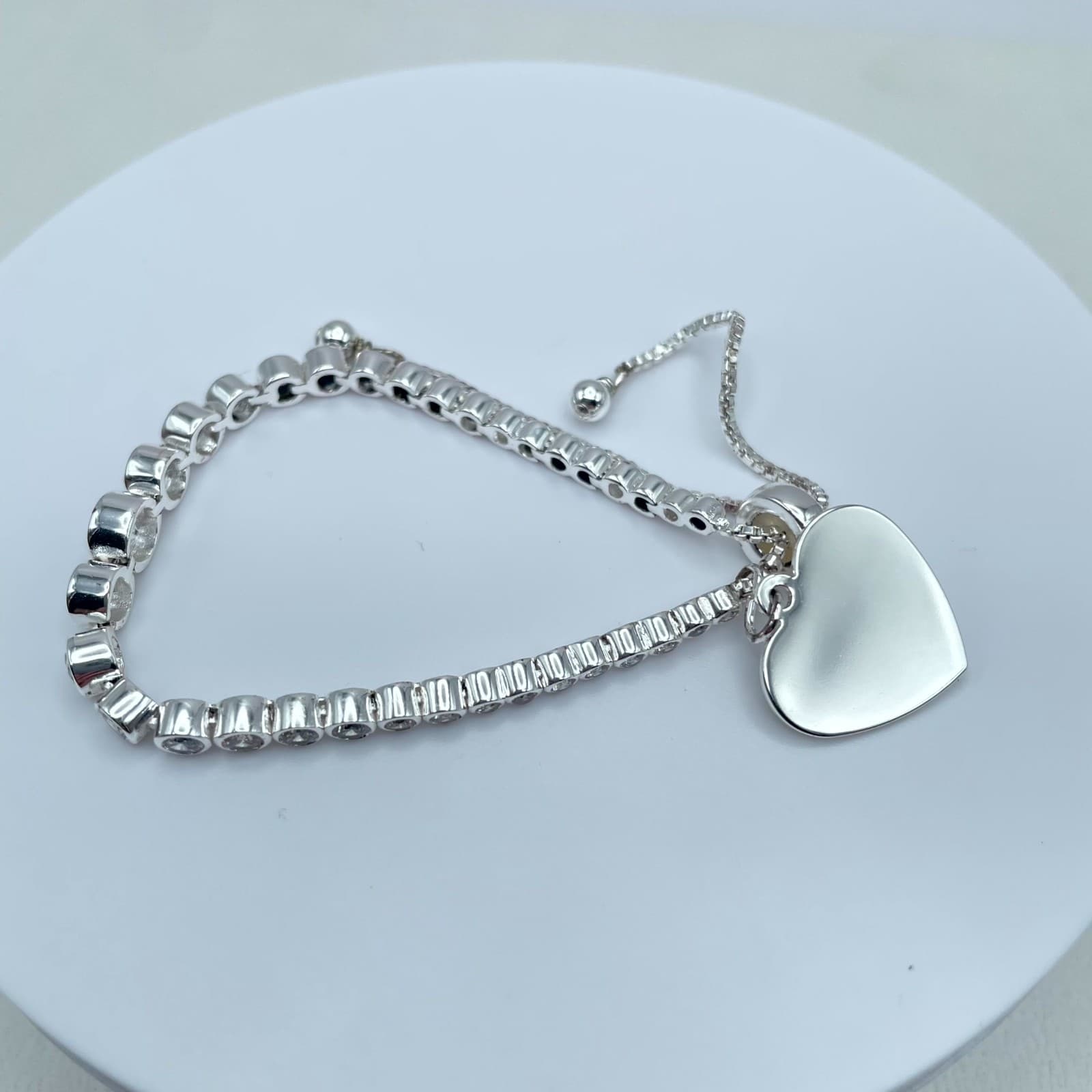 Bolo-Style Silver-Tone Romantic Rhinestone Beaded Heart Motif Slider Bracelet - Image 1