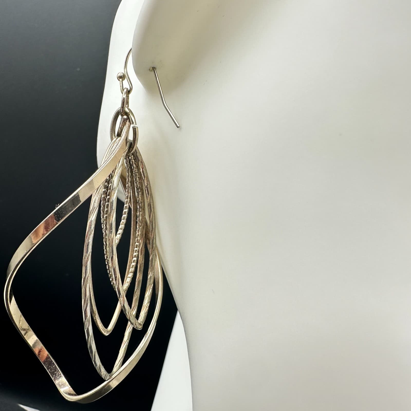 Vintage Silver Tone Dangle Earrings Multi-Loop Leaf Modern Fashion Long Hook - Thumbnail 9