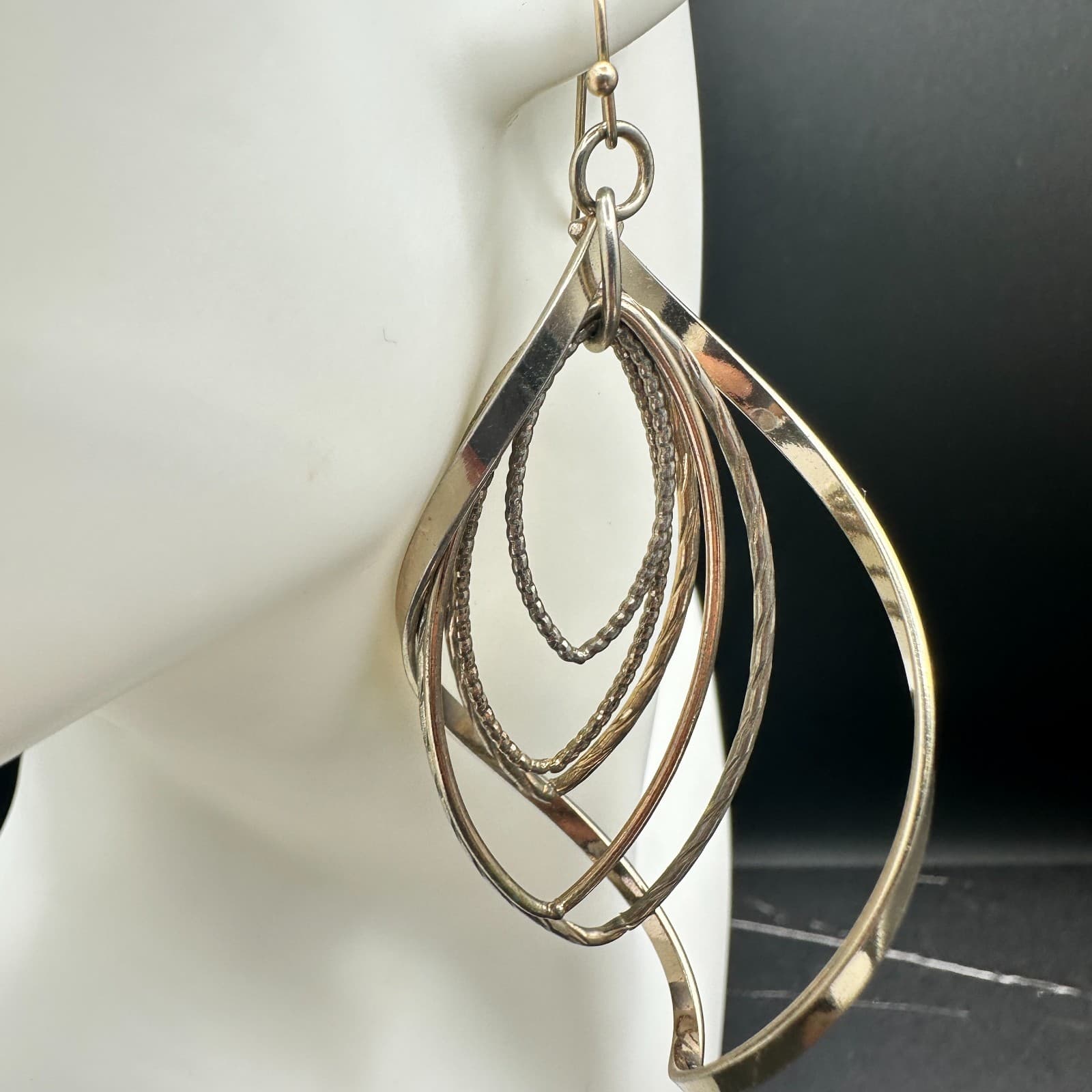 Vintage Silver Tone Dangle Earrings Multi-Loop Leaf Modern Fashion Long Hook - Thumbnail 10