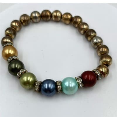 Vintage Multicolor Pearl Beaded Stretch Bracelet with Gold Tone Accent Beads - Image 1