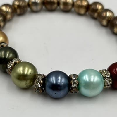 Vintage Multicolor Pearl Beaded Stretch Bracelet with Gold Tone Accent Beads - Thumbnail 2