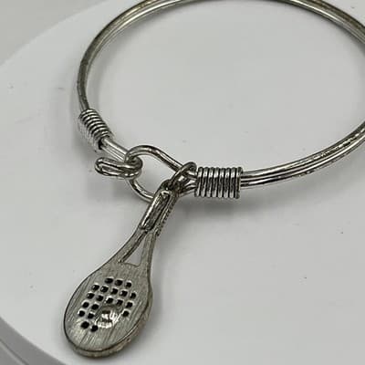 Vintage Silver Tone Sporty Tennis Racket Charm Bangle Bracelet Rhinestone Hook - Thumbnail 5