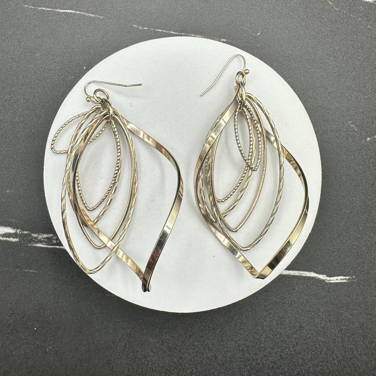 Vintage Silver Tone Dangle Earrings Multi-Loop Leaf Modern Fashion Long Hook - Image 1