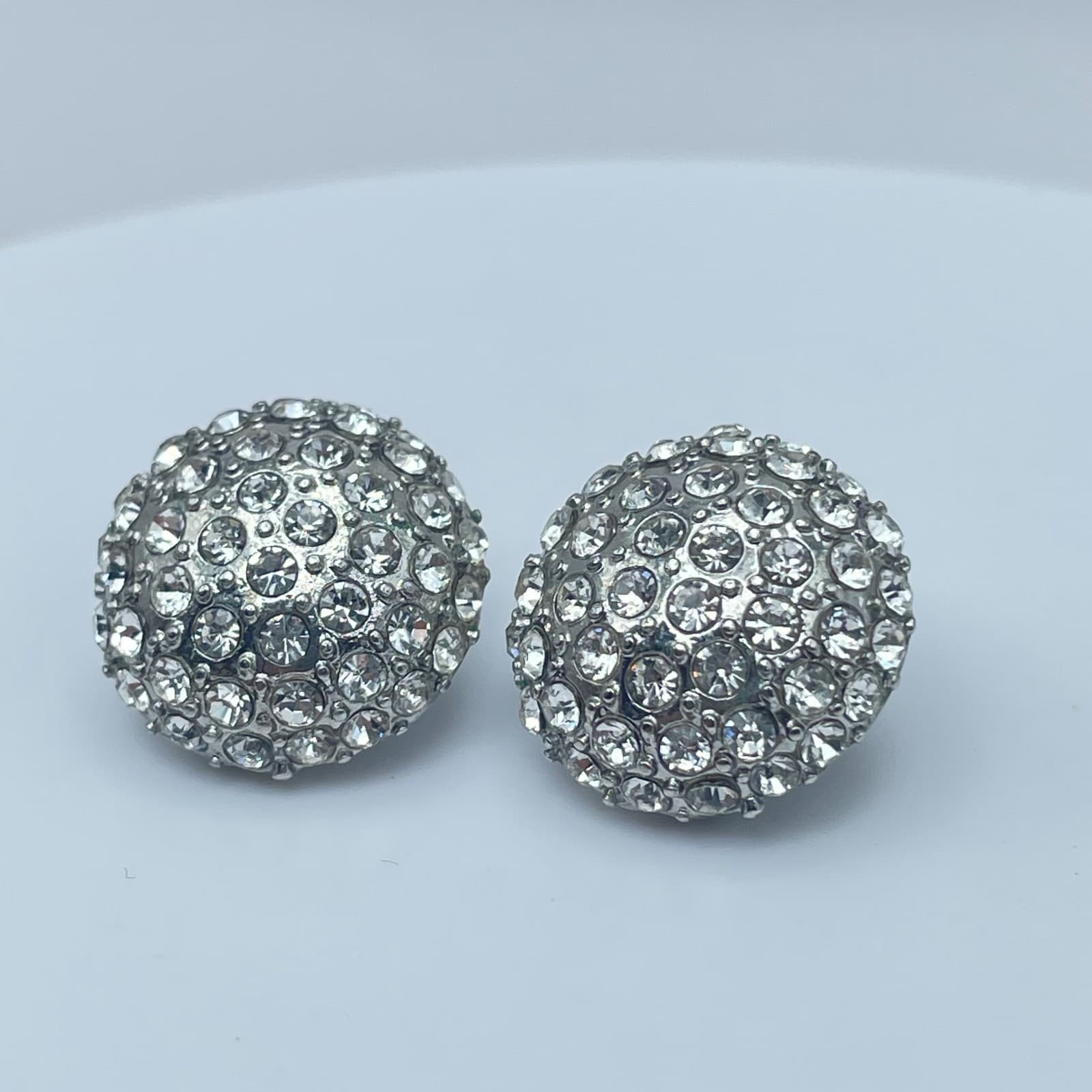Vintage Y2K Silver Tone Clear Rhinestone Dome Earrings Statement Women's Jewelry - Thumbnail 5