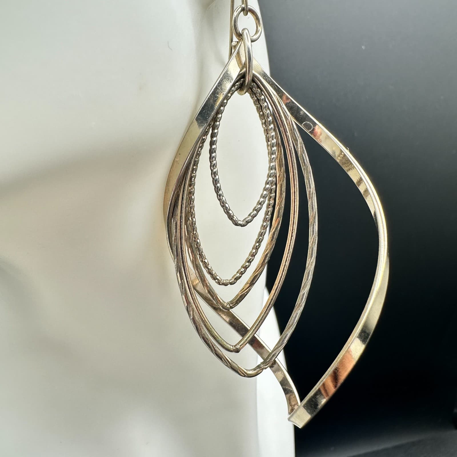 Vintage Silver Tone Dangle Earrings Multi-Loop Leaf Modern Fashion Long Hook - Thumbnail 5