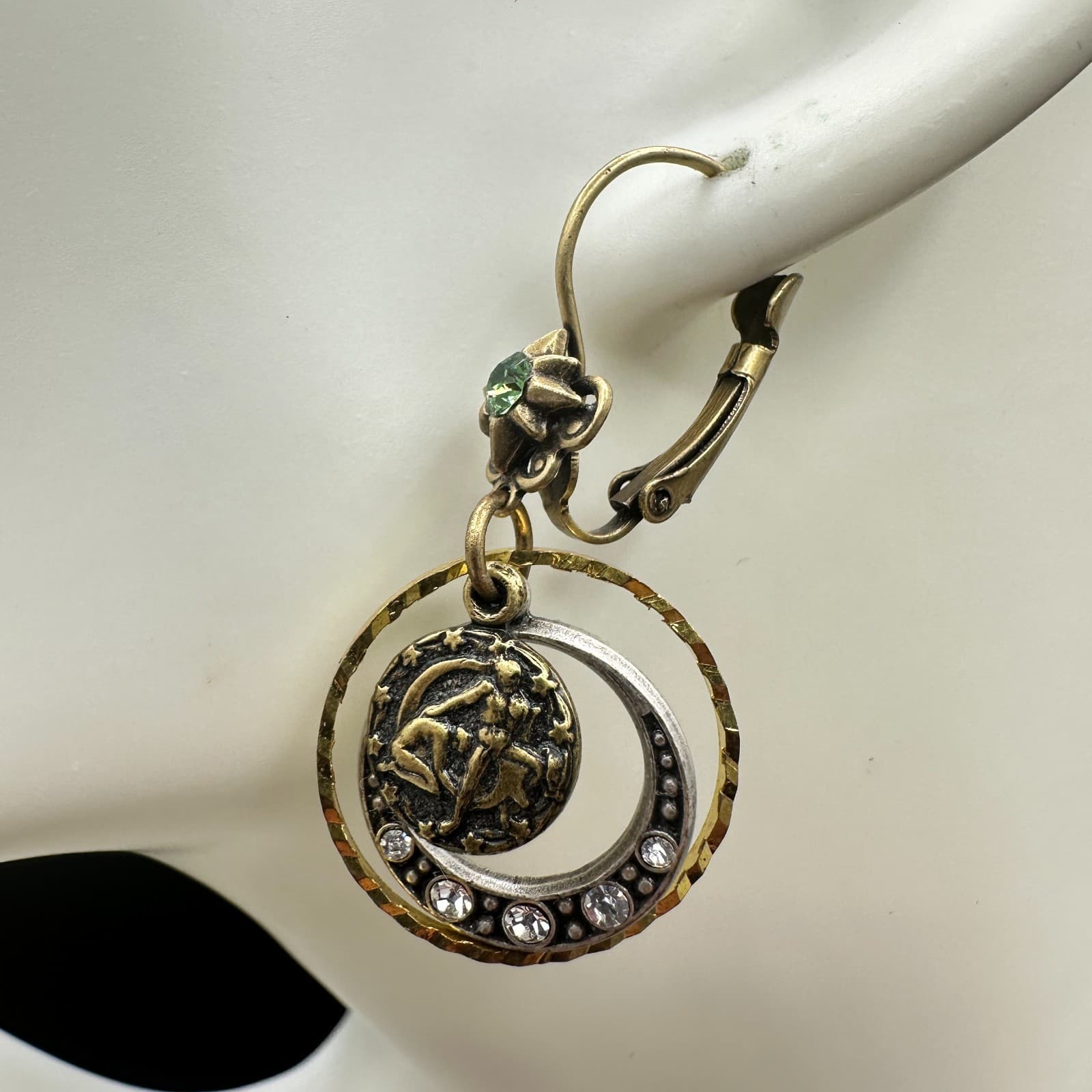 VTG Mixed Metal Dangle Earrings Zodiac Moon Rhinestone Leverback Antique Style - Thumbnail 4