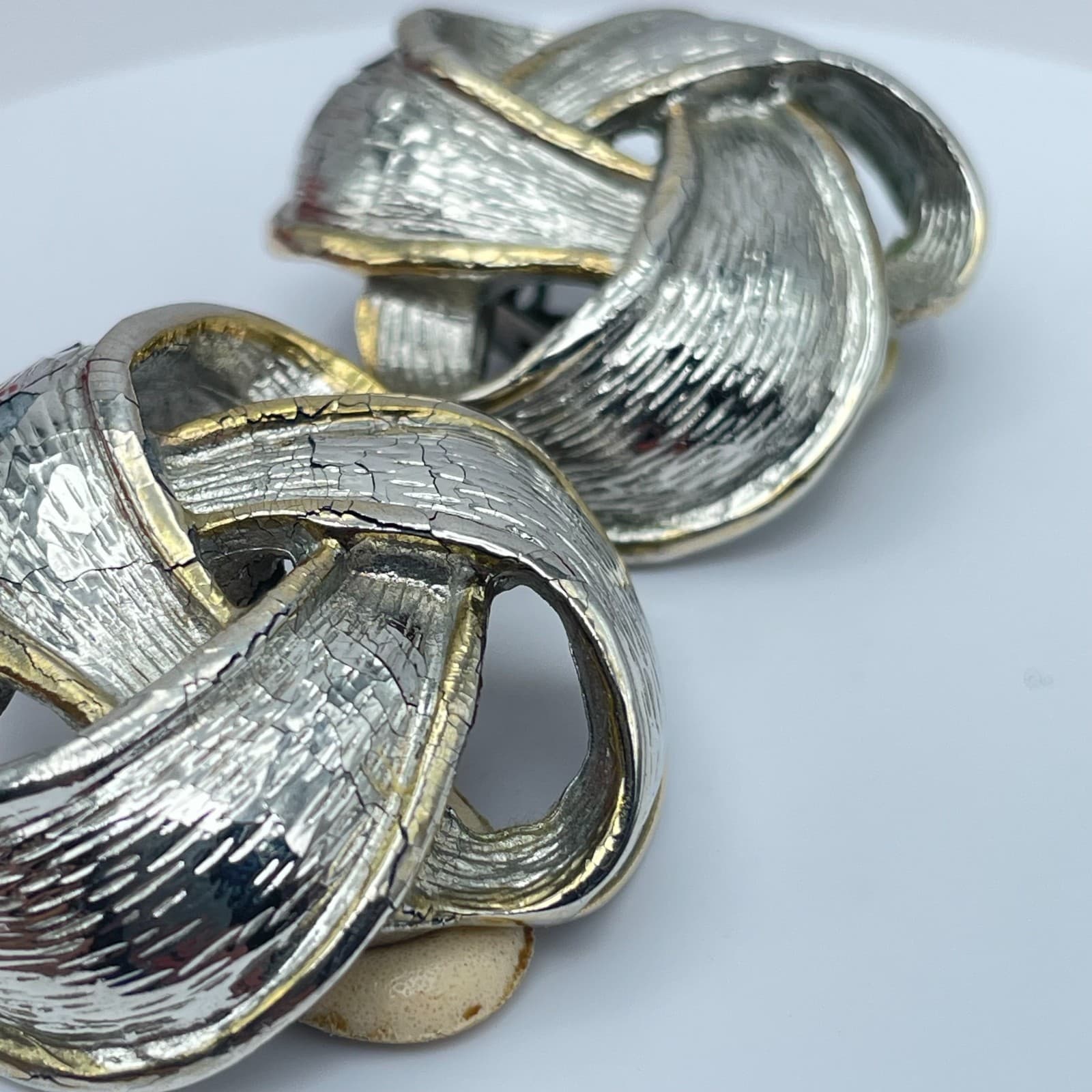 Vintage 90s Silver Tone Knot Textured Earrings Statement Women's Classic Jewelry - Thumbnail 6