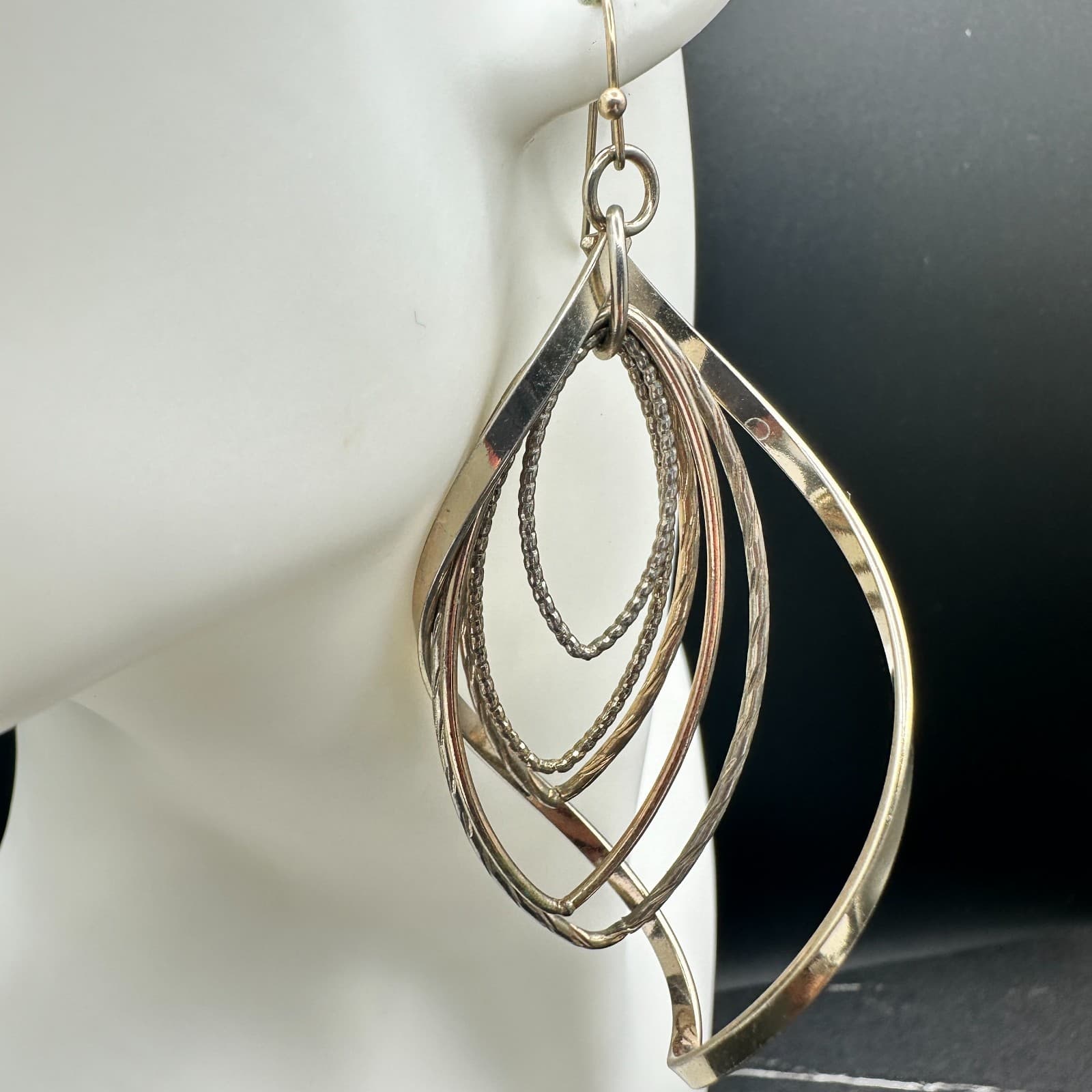 Vintage Silver Tone Dangle Earrings Multi-Loop Leaf Modern Fashion Long Hook - Thumbnail 6