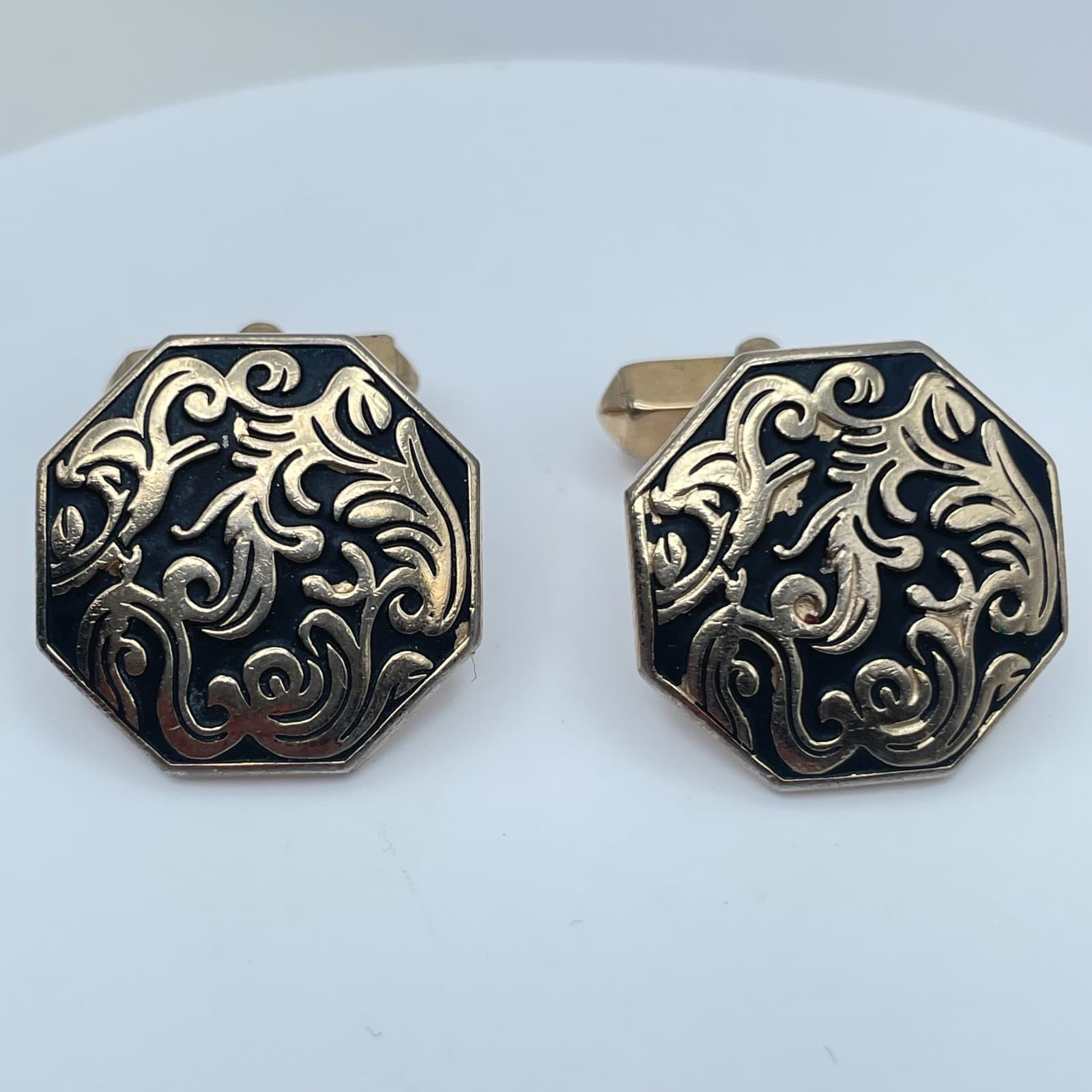 Vintage 90s Swank Cufflinks Gold Tone Black Enamel Filigree Octagon Men’s - Image 1