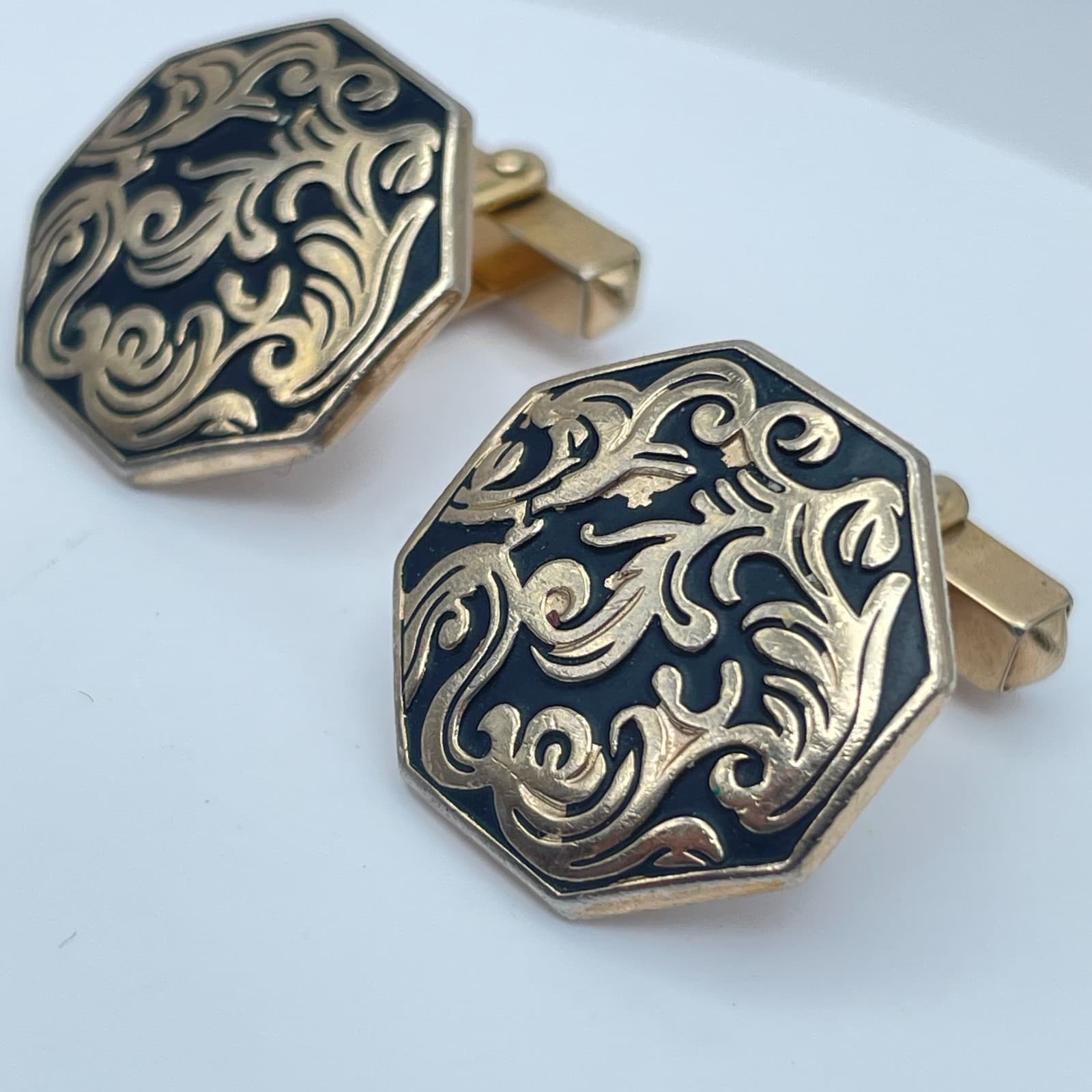 Vintage 90s Swank Cufflinks Gold Tone Black Enamel Filigree Octagon Men’s - Thumbnail 5