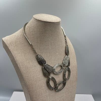 Vintage Silver Tone Textured Link Necklace Large Oval Links Modern Statement - Thumbnail 5