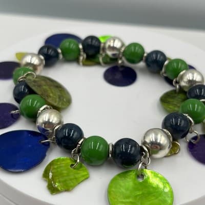 Vintage Colorful Shell Disc Charm Bead Bracelet Green Blue Purple Dangle Stretch - Thumbnail 2