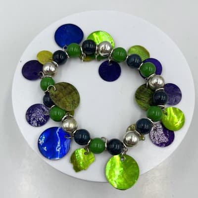 Vintage Colorful Shell Disc Charm Bead Bracelet Green Blue Purple Dangle Stretch - Image 1