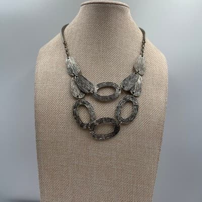 Vintage Silver Tone Textured Link Necklace Large Oval Links Modern Statement - Thumbnail 4
