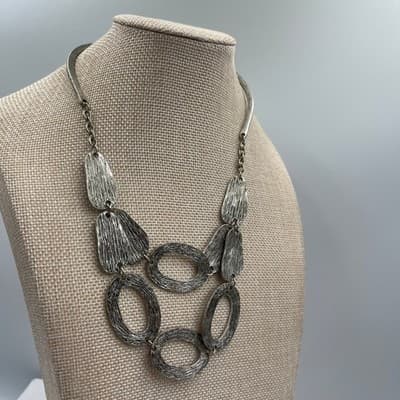 Vintage Silver Tone Textured Link Necklace Large Oval Links Modern Statement - Thumbnail 6