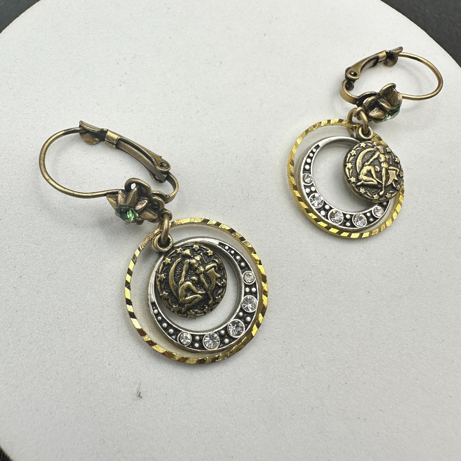 VTG Mixed Metal Dangle Earrings Zodiac Moon Rhinestone Leverback Antique Style - Image 1