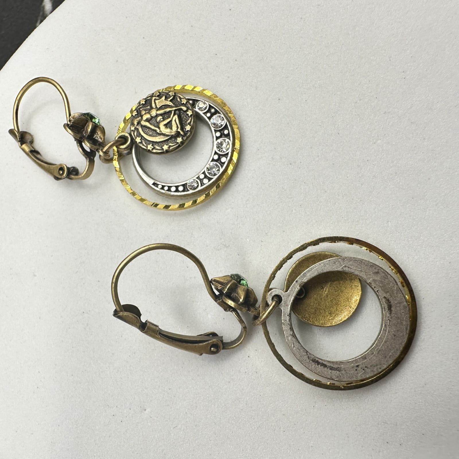 VTG Mixed Metal Dangle Earrings Zodiac Moon Rhinestone Leverback Antique Style - Thumbnail 12