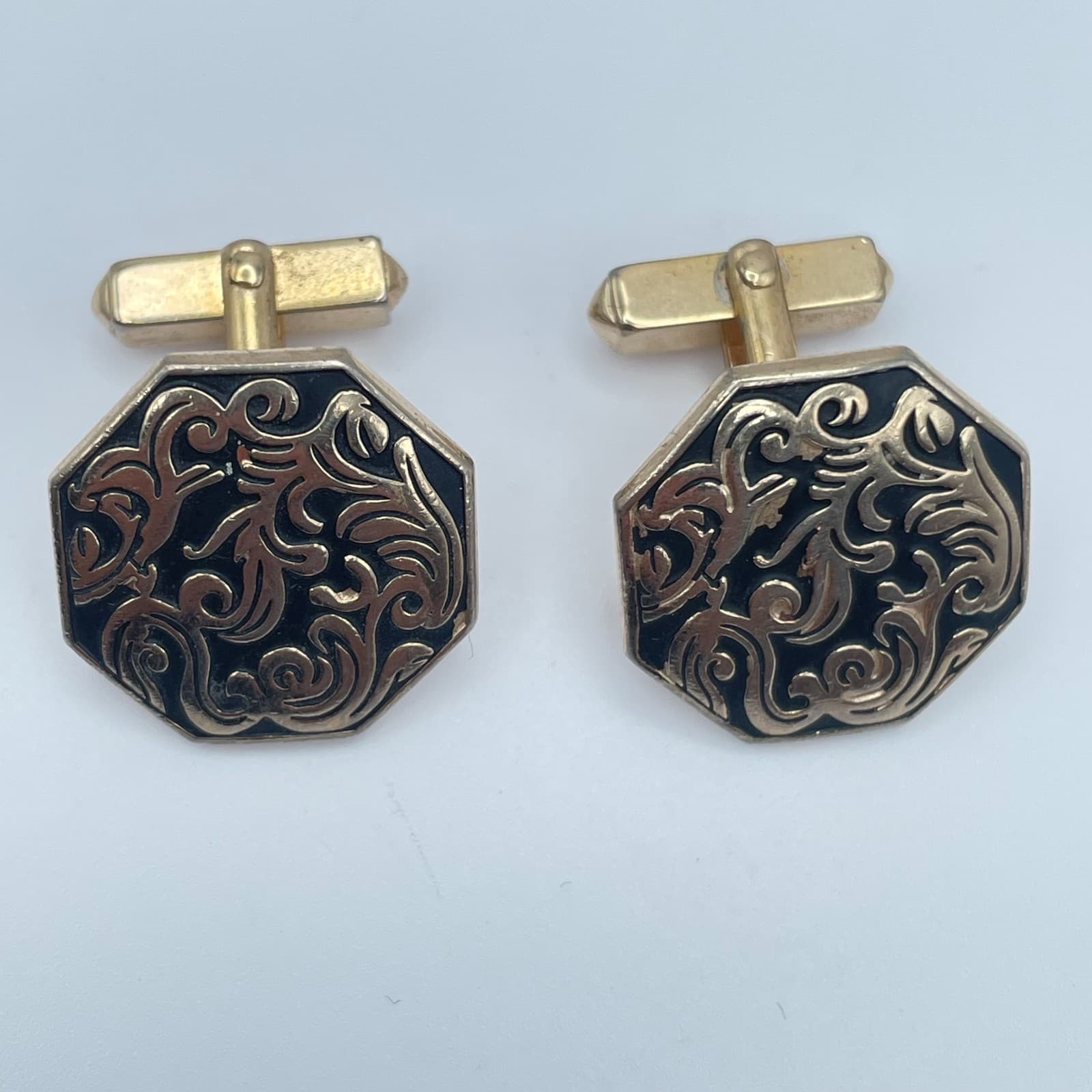 Vintage 90s Swank Cufflinks Gold Tone Black Enamel Filigree Octagon Men’s - Thumbnail 4