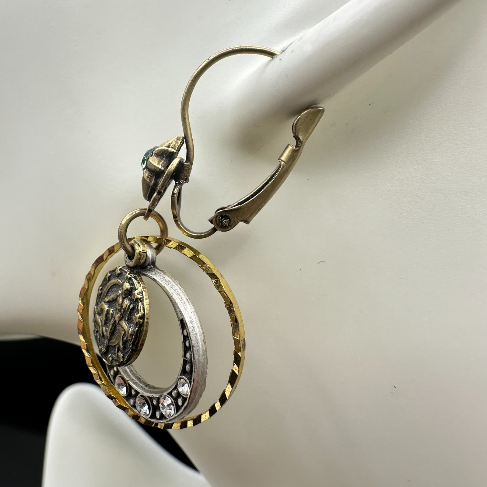 VTG Mixed Metal Dangle Earrings Zodiac Moon Rhinestone Leverback Antique Style - Thumbnail 7