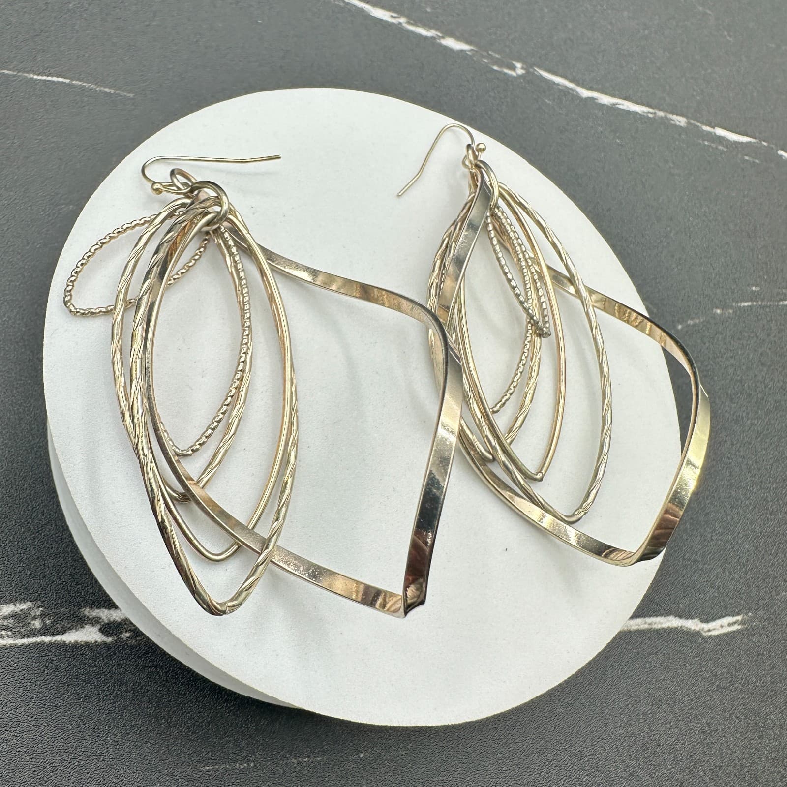 Vintage Silver Tone Dangle Earrings Multi-Loop Leaf Modern Fashion Long Hook - Thumbnail 13