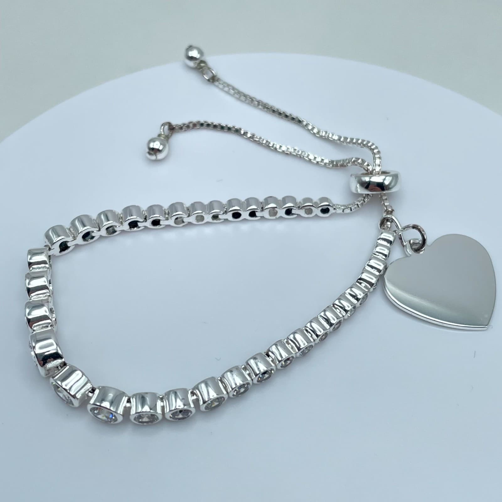 Bolo-Style Silver-Tone Romantic Rhinestone Beaded Heart Motif Slider Bracelet - Thumbnail 5