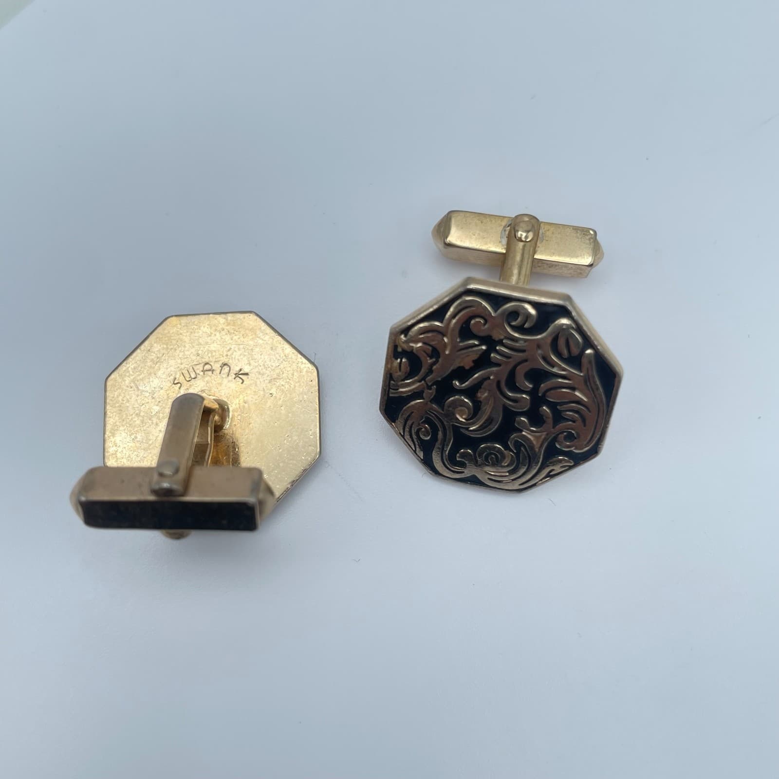 Vintage 90s Swank Cufflinks Gold Tone Black Enamel Filigree Octagon Men’s - Thumbnail 2