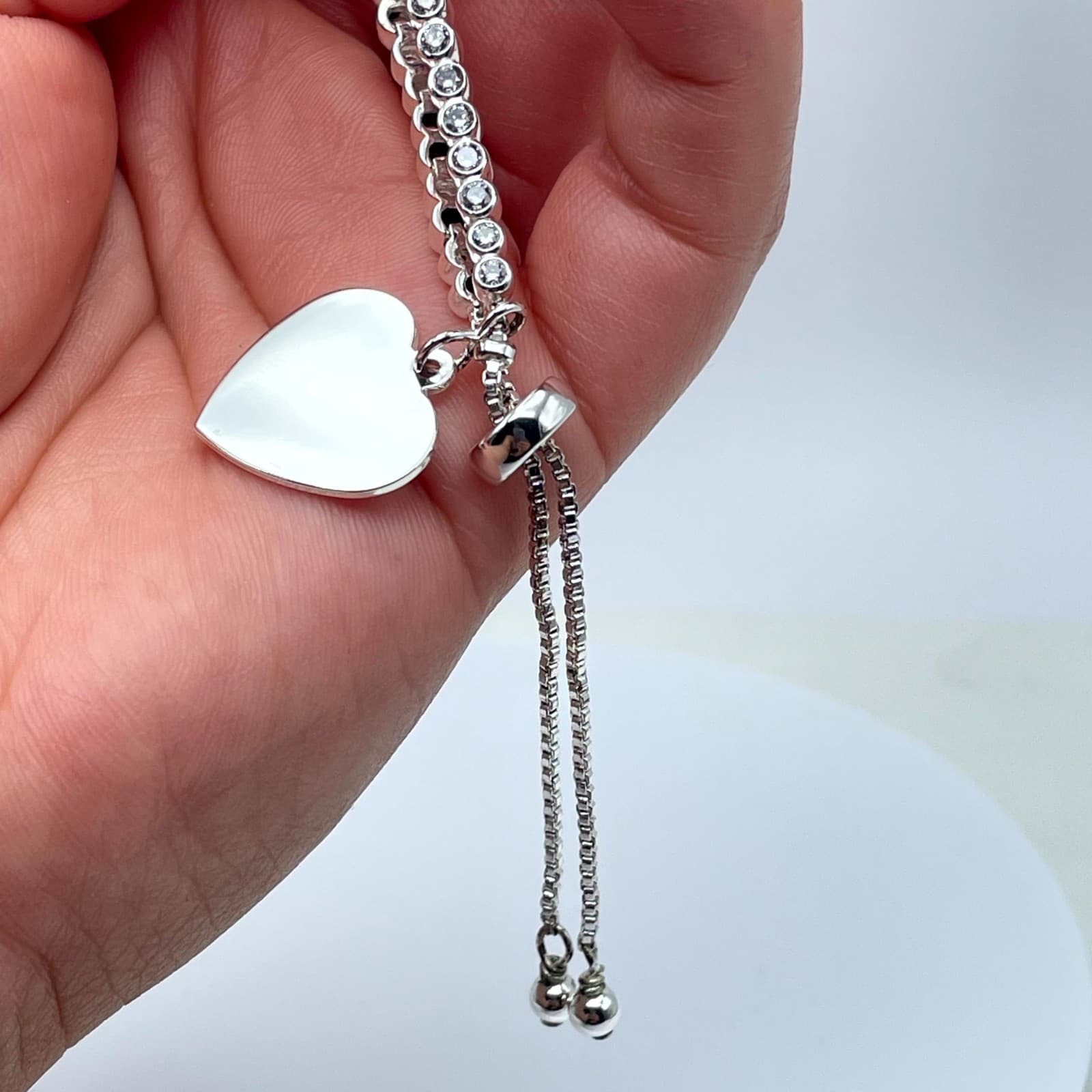 Bolo-Style Silver-Tone Romantic Rhinestone Beaded Heart Motif Slider Bracelet - Thumbnail 9