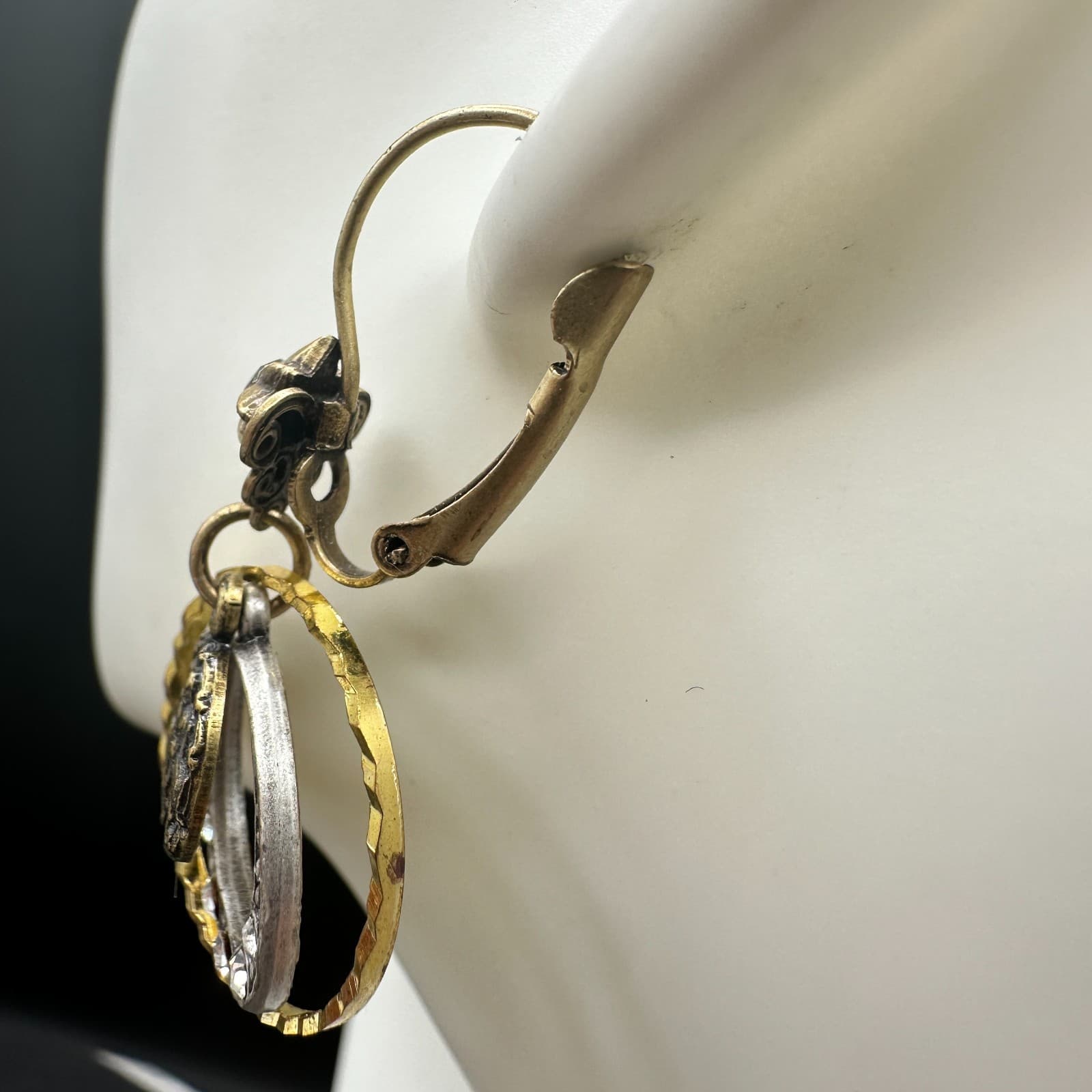 VTG Mixed Metal Dangle Earrings Zodiac Moon Rhinestone Leverback Antique Style - Thumbnail 8