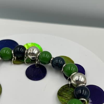 Vintage Colorful Shell Disc Charm Bead Bracelet Green Blue Purple Dangle Stretch - Thumbnail 3