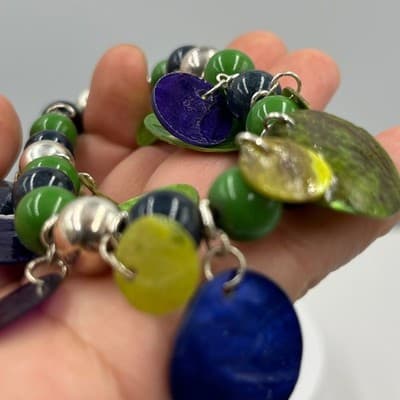 Vintage Colorful Shell Disc Charm Bead Bracelet Green Blue Purple Dangle Stretch - Thumbnail 5