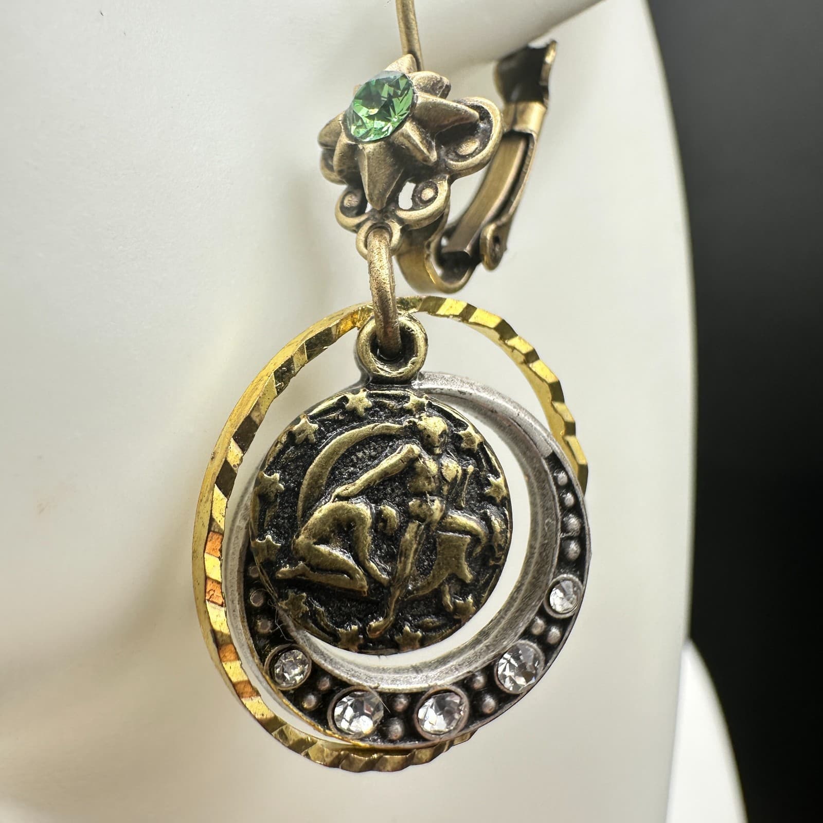 VTG Mixed Metal Dangle Earrings Zodiac Moon Rhinestone Leverback Antique Style - Thumbnail 6