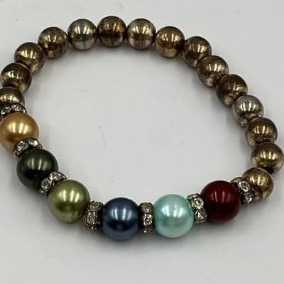 Vintage Multicolor Pearl Beaded Stretch Bracelet with Gold Tone Accent Beads - Thumbnail 5