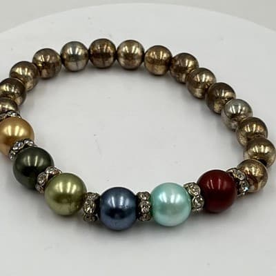 Vintage Multicolor Pearl Beaded Stretch Bracelet with Gold Tone Accent Beads - Thumbnail 4