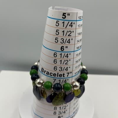 Vintage Colorful Shell Disc Charm Bead Bracelet Green Blue Purple Dangle Stretch - Thumbnail 8