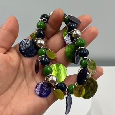 Vintage Colorful Shell Disc Charm Bead Bracelet Green Blue Purple Dangle Stretch - Thumbnail 4