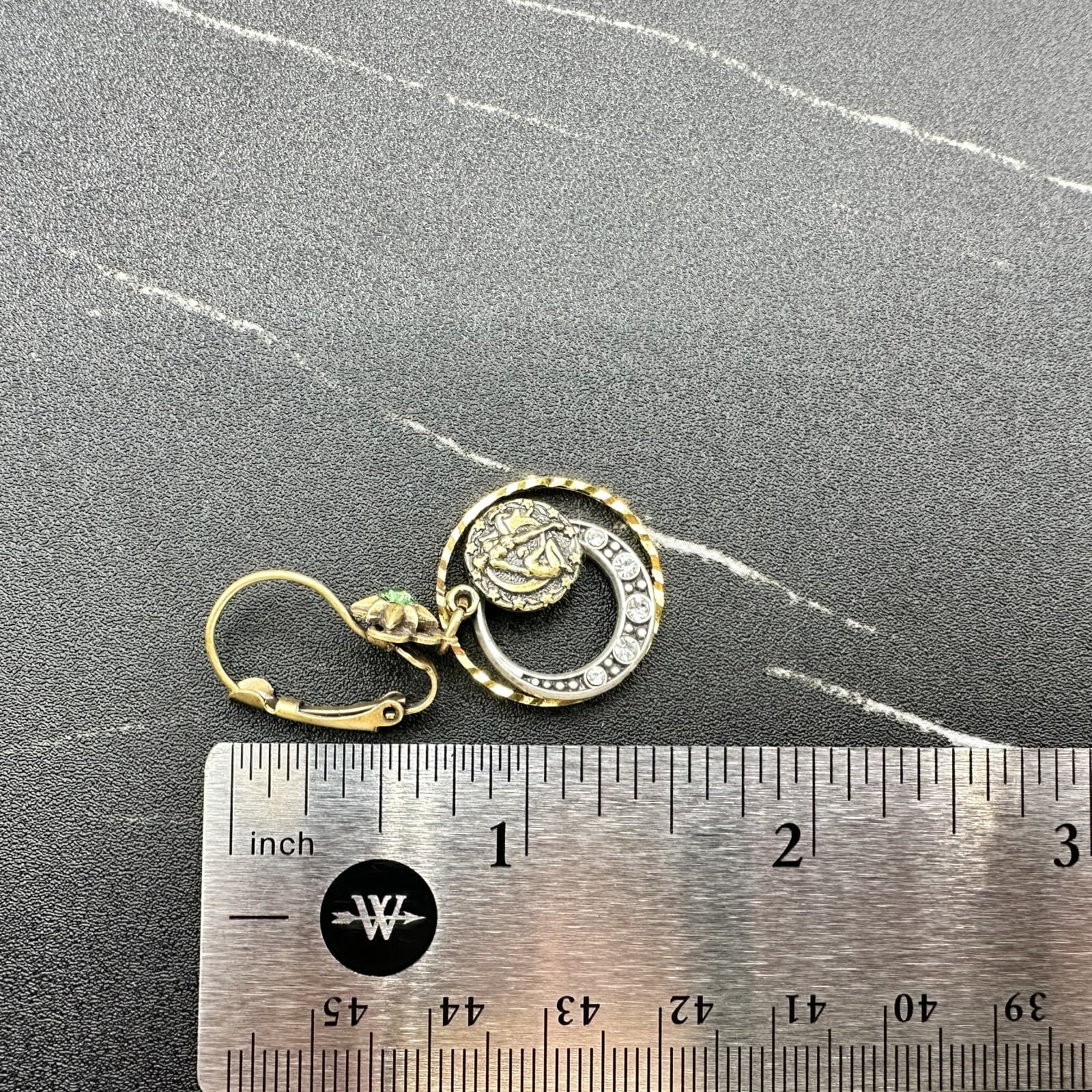 VTG Mixed Metal Dangle Earrings Zodiac Moon Rhinestone Leverback Antique Style - Thumbnail 2