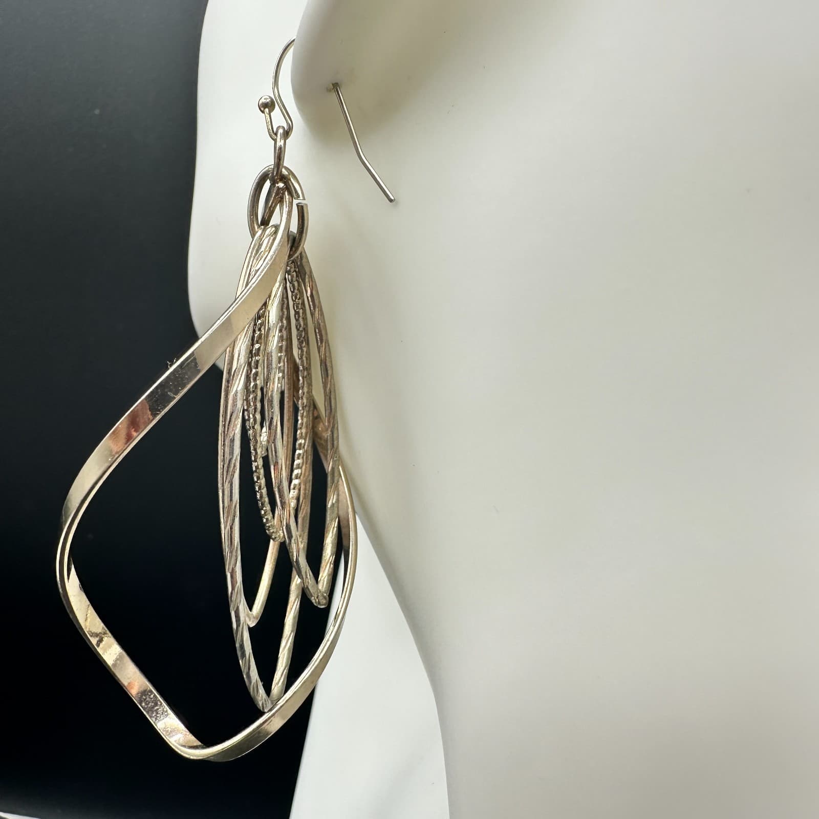 Vintage Silver Tone Dangle Earrings Multi-Loop Leaf Modern Fashion Long Hook - Thumbnail 8