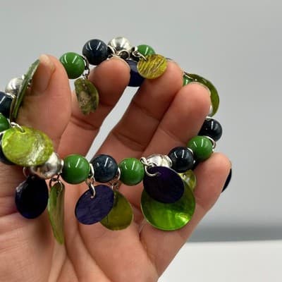 Vintage Colorful Shell Disc Charm Bead Bracelet Green Blue Purple Dangle Stretch - Thumbnail 6