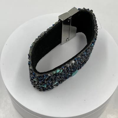 Vintage Wide Cuff Bracelet Iridescent Crystal Studded Gunmetal Turquoise Accent - Thumbnail 3