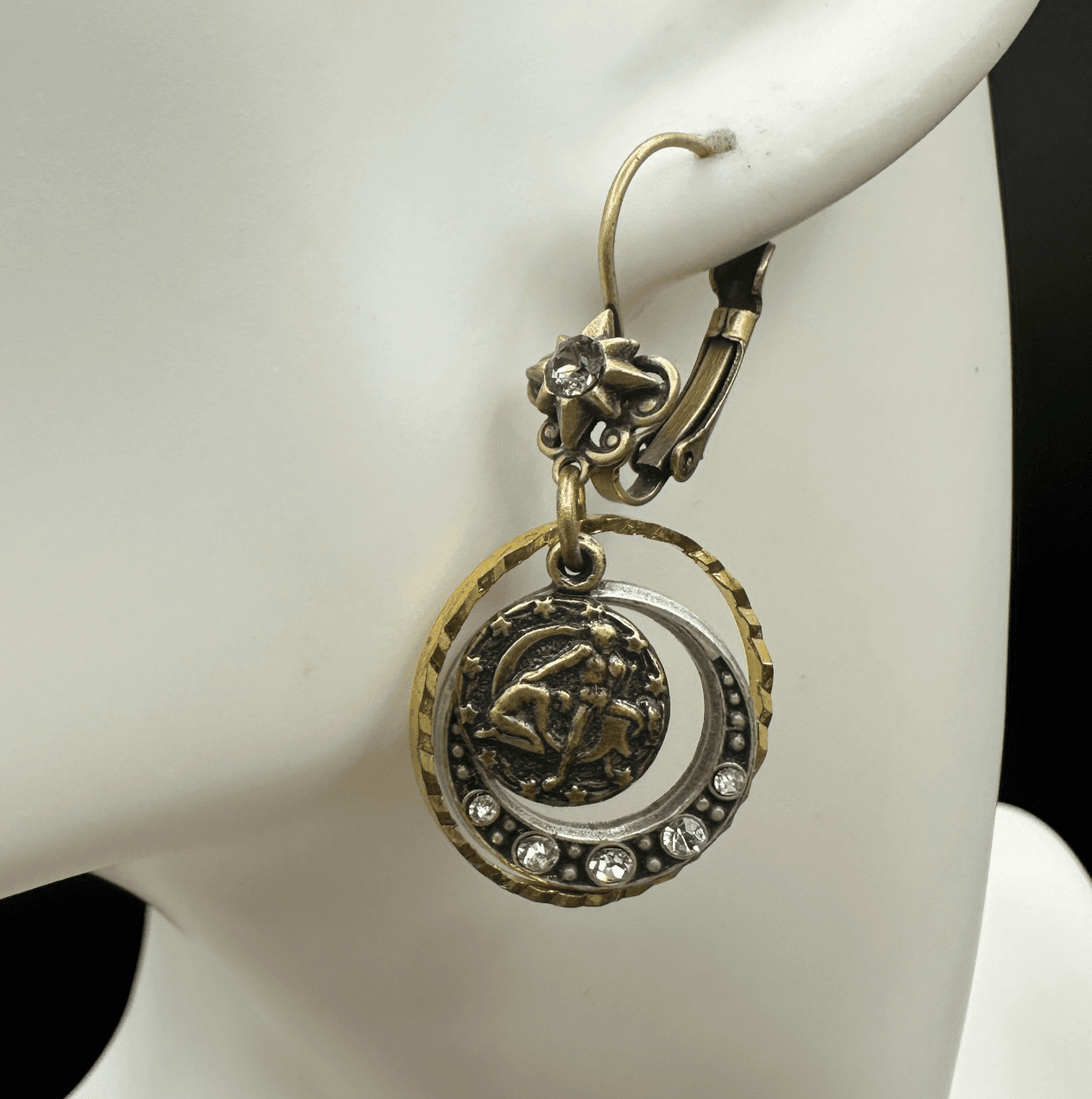 VTG Mixed Metal Dangle Earrings Zodiac Moon Rhinestone Leverback Antique Style - Thumbnail 3