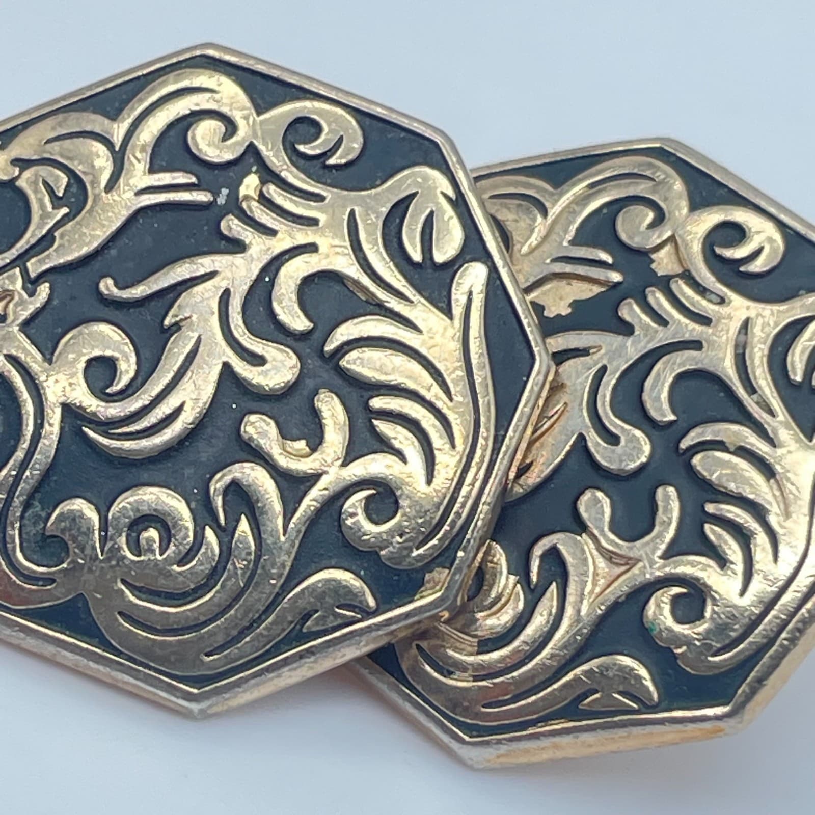 Vintage 90s Swank Cufflinks Gold Tone Black Enamel Filigree Octagon Men’s - Thumbnail 6